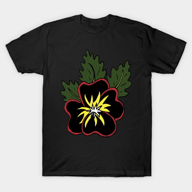 Moody two toned black and red pansy illustration with contrasting white and yellow centre surrounded by green leaves, great gift for a flower lover! T-Shirt by Angel Dawn Design